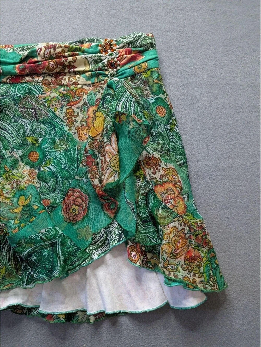 XOXO Skort Juniors M Green Floral Chiffon Ruffle Beaded Lined Mini Summer